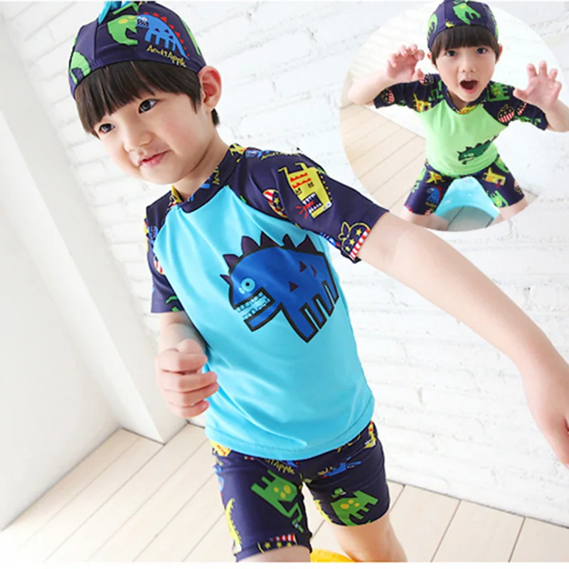 

Wholesale Children 3 Pieces Swimsuit Cartoon Dinosaur Boys Swimming Trunks Cap Swimsuit Kids cute Beachwear, Picture