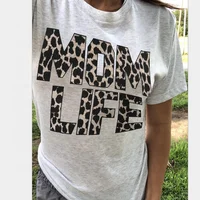 

Women Short Sleeve Mama T-shirt Gray Leopard Printed Mom Life tshirt Vintage Tee Top Korean Clothes