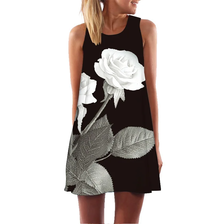 Women Dress 2019 New Arrival Rose Print Sleeveless Summer Dress O neck Casual Loose Mini Chiffon Dresses Vestidos