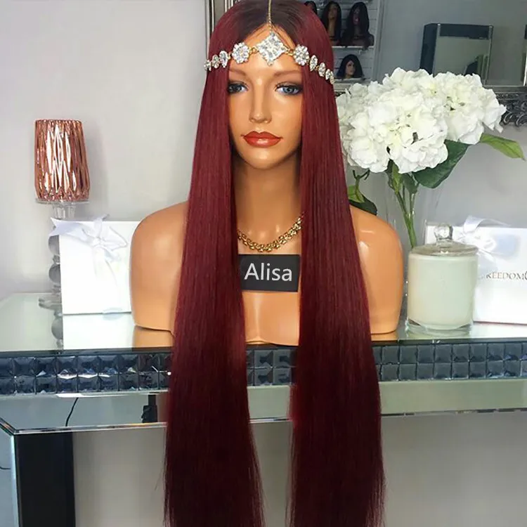 

Long Silky Straight Burgundy Ombre Middle Part Human Hair Lace Front Wigs