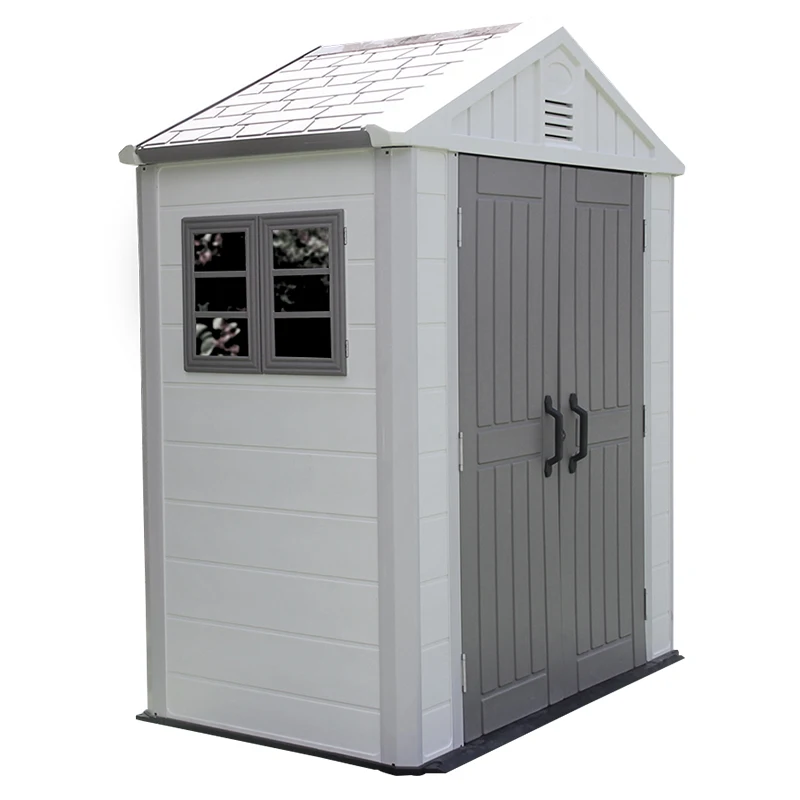 

HDPE plastic outdoor garden shed for storage tools outside, Beige wall+gray door and roof