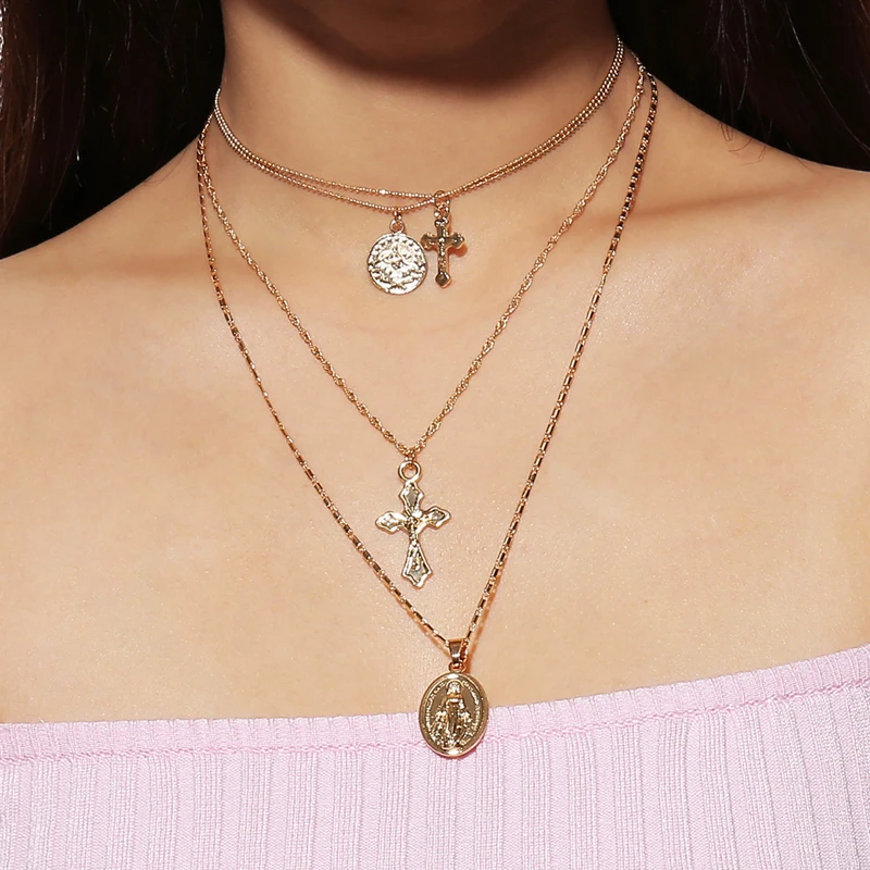 

Wholesale Fashion Christian Religious Jewelry Multi Layer Necklace Gold Chain Choker Coin Cross Pendant Virgin Mary Necklace, As picture show