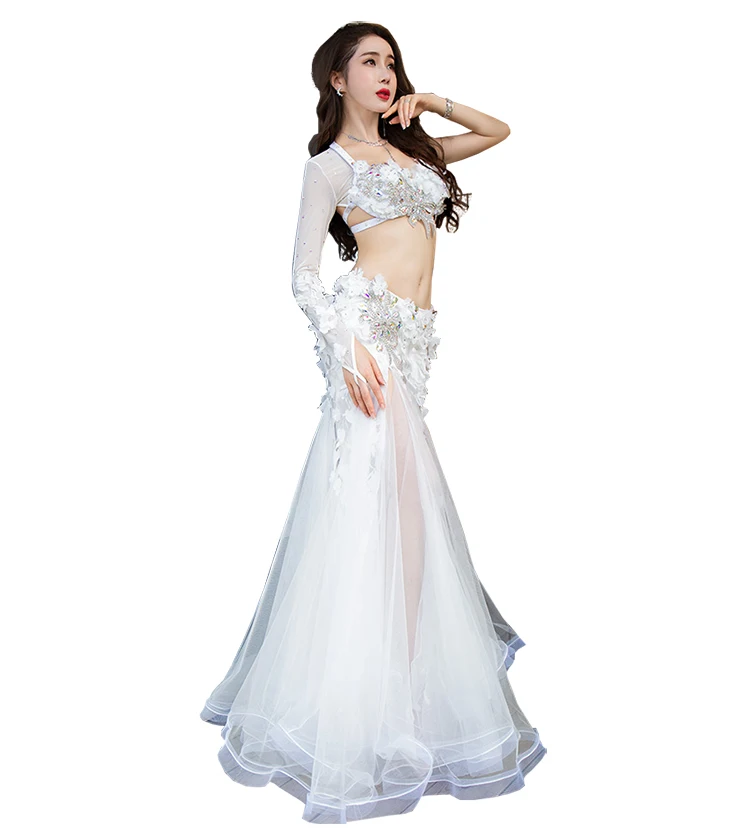 

QC2998 Wuchieal Professional Sexy Single Sleeve Top and Long Skirt Belly Dance Costume, White