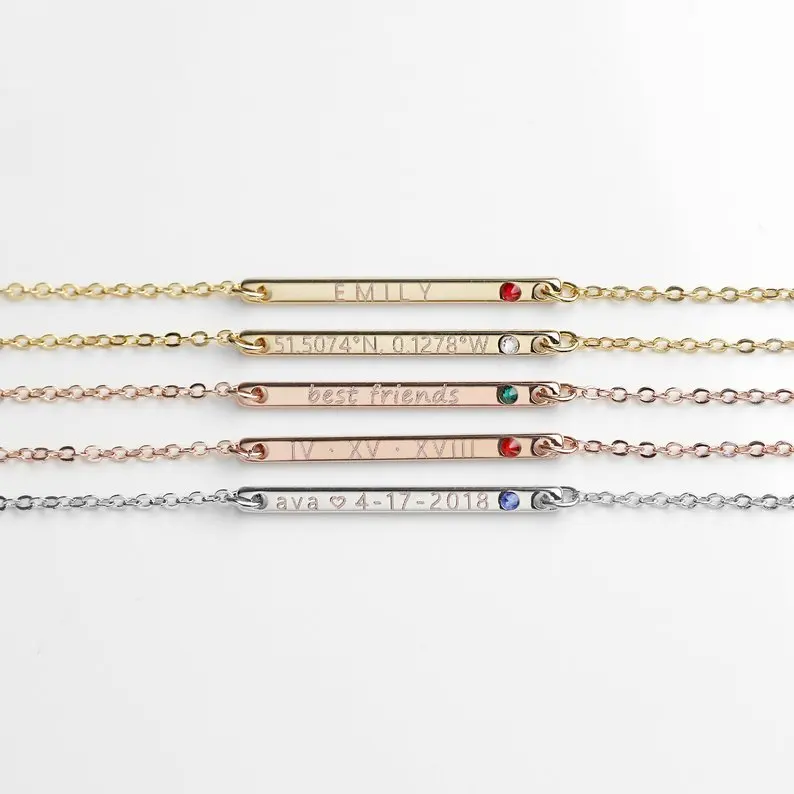 

Personalized Sterling Silver Birthstone Name Bar Necklace, Silver/gold/rose gold