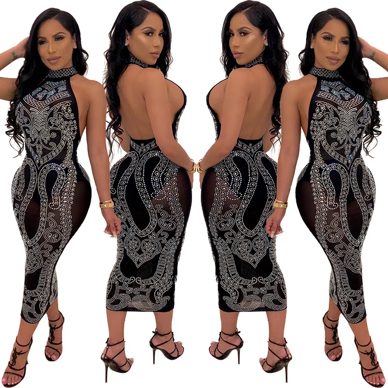 

9040808 New 2019 women fashion backless hot diamond mesh sexy nightclub dress