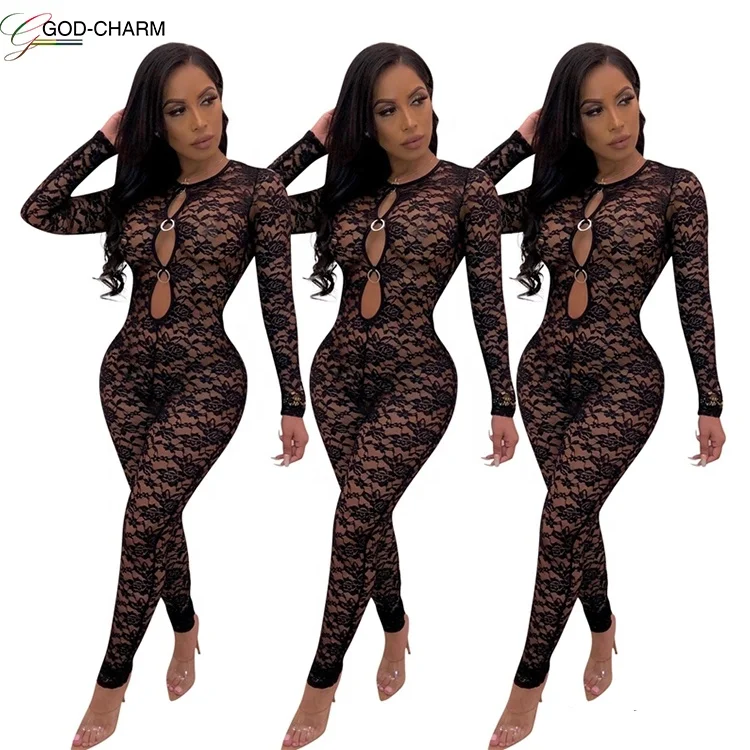 

*GC-13142 2022 new arrivals Wholesale Sexy Good quality lace transparentwear in-stock zipper long sleeve jumpsuit clubwear