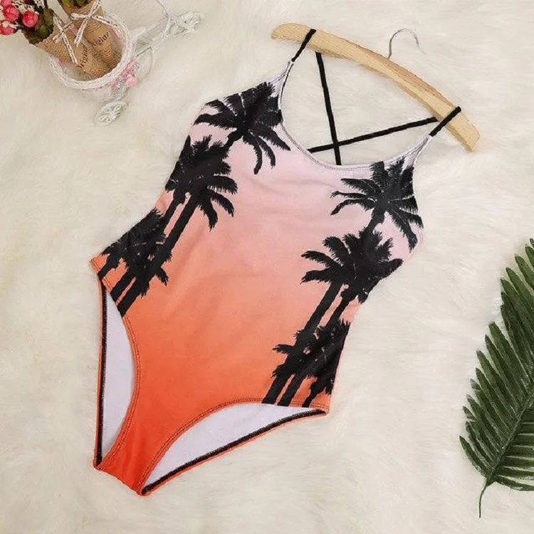

2019 one piece women swimwear floral print bikini, Orange