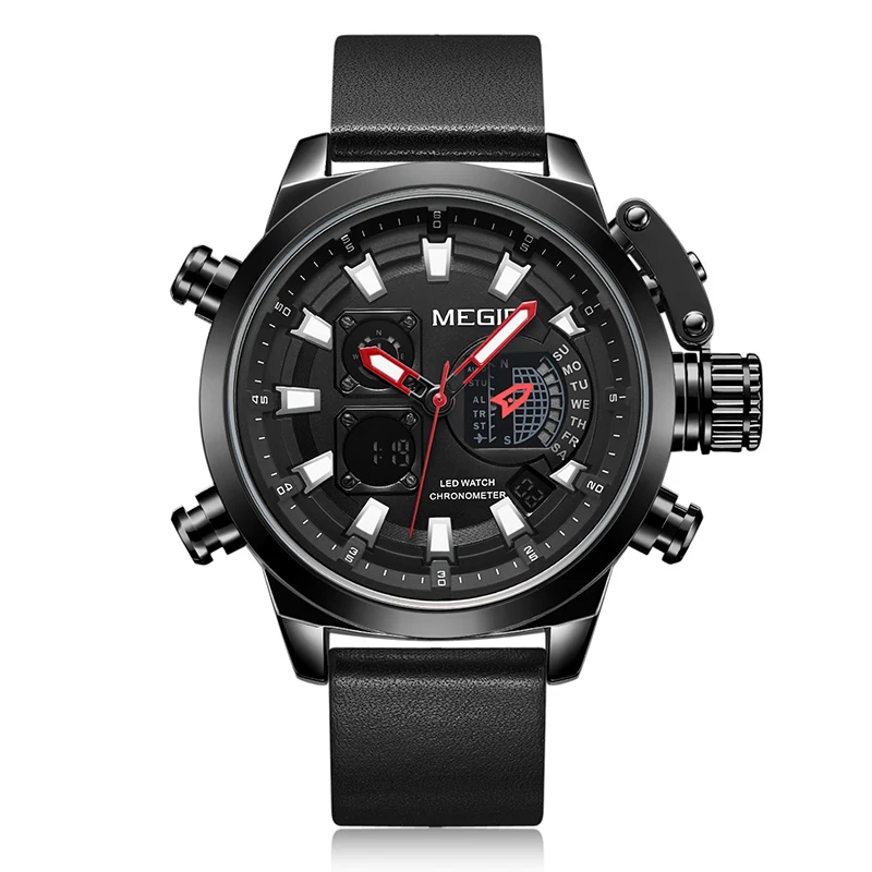 

MEGIR 2090 Men Creative Fashion Dual Display Watches Hourly Chime Calendar Leather Digital Quartz Wristwatch, 3 colors