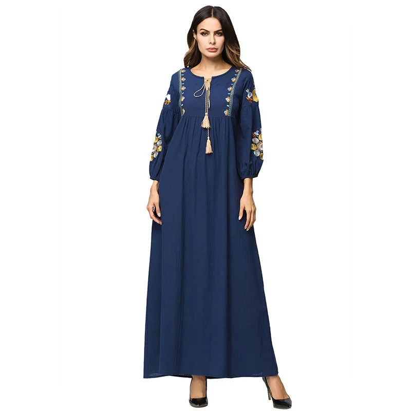 

Wholesale Beautiful Embroidered linen stitching Muslim Linen Abaya Dress Robes Long-sleeve Mopping Abaya Skirt