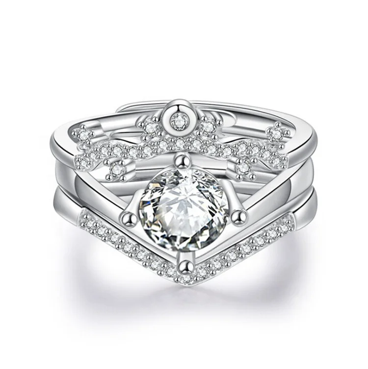 

Ladies Fashion Resizable Opened 3 pcs 1 Set Copper Alloy Heart Shape Rhinestone Zircon Paved Silver Rings