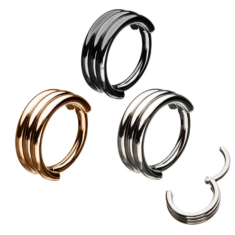 

Newest stainless steel  1.2x8mm Triple Stack nose ring Clicker Segment Nose Hoop Rings Hinged Ear Nose Septum Piercing, As pic