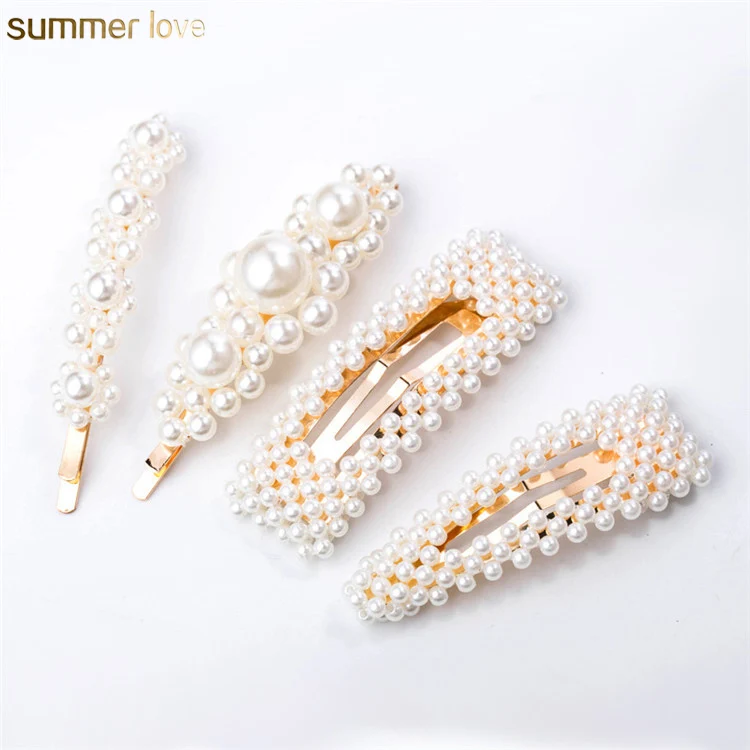 

2019 Latest Hot Korean Faux Pearl Crystal Elegant Hairpin Metal Gold Snap Bow Hair Clips for Women Girls Jewelry Accessories, Colorful