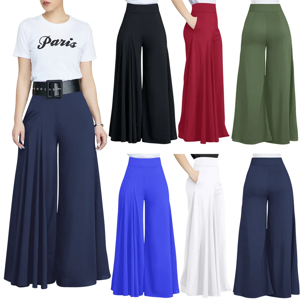 

ML-106 2019 Fashion women's wide leg pants solid flare dress pants for ladies elegant casual wear palazzo pants, According to color as picture show