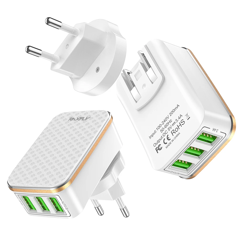 Free Shipping RAXFLY White 2 In 1 Mobile Phone Travel Charging 3.4A US & EU Plug 3 Port Usb Wall Charger