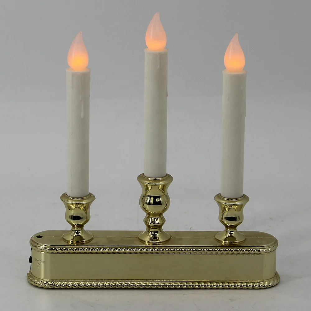 TRIPLE LED WINDOW CANDELABRA WITH GOLD BASE, 3 SWITCH, LIGHT SENSOR, WARM WHITE LED, PLASTIC