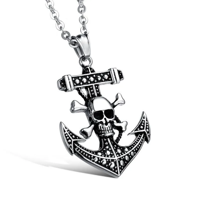 

Vintage jewelry titanium steel skull anchor pendant necklace