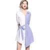 Wholesale In Stock Women Fashion Casual Shirt Dress V Neck Button Front Half Sleeve Belt Waist Color Block Stripes Dress