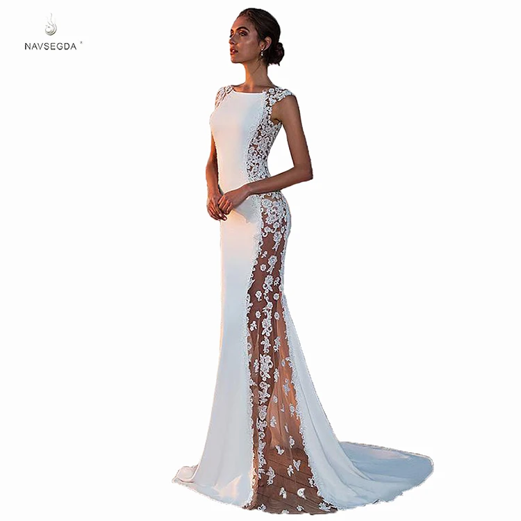 

2019 hot women evening dress lace sleeveless wedding mesh floor length cocktail dresses, White