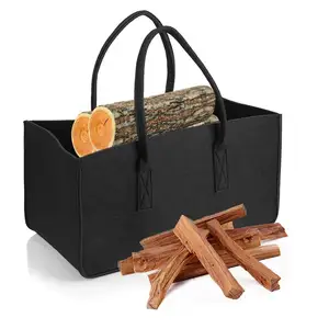 Image of Black Grey Felt Firewood and Shopping Basket, felt bag for log,Cloths, Laundry Hamper Baskets with Handle for Carry Wood,Toys