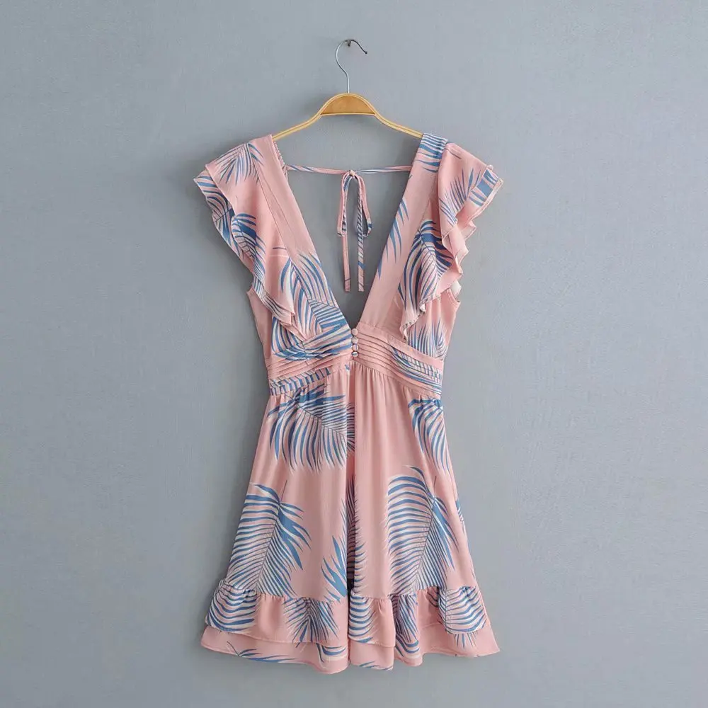 

Sexy deep V neck back open floral short dress fashion women summer clothing