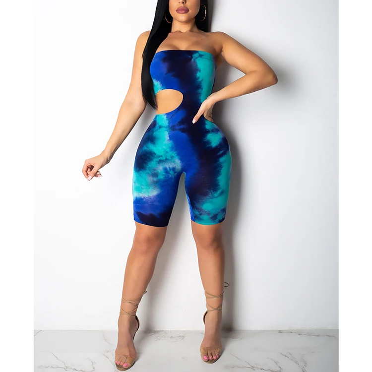

High Quality Sexy Tie Dyeing Bodycon Jumpsuit Women Short Off Shoulder Jumpsuit, As picture;can be change