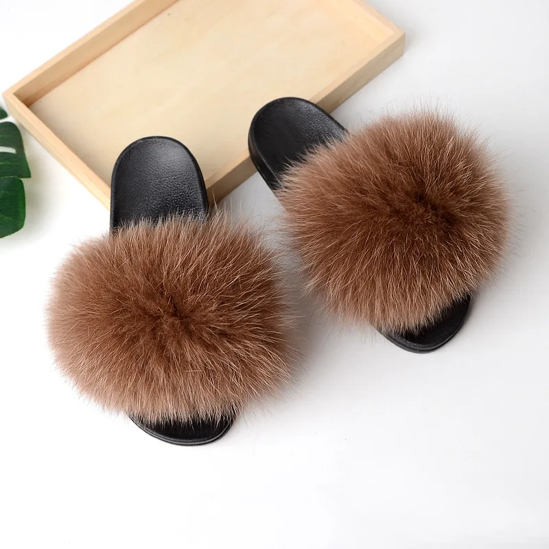 

Woman Sliders Luxury Real Fox Fur Indoor Outdoor Slides Slippers Sandals