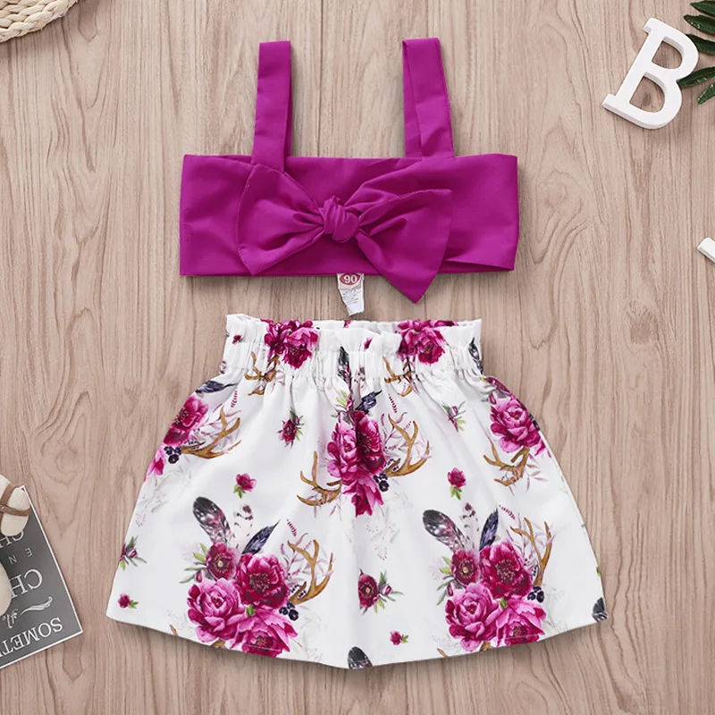 

Summer Toddler Baby Girl Clothes Rose Floral Halter Top+Skirts Outfits 2pcs Clothing Set Purple, As picture