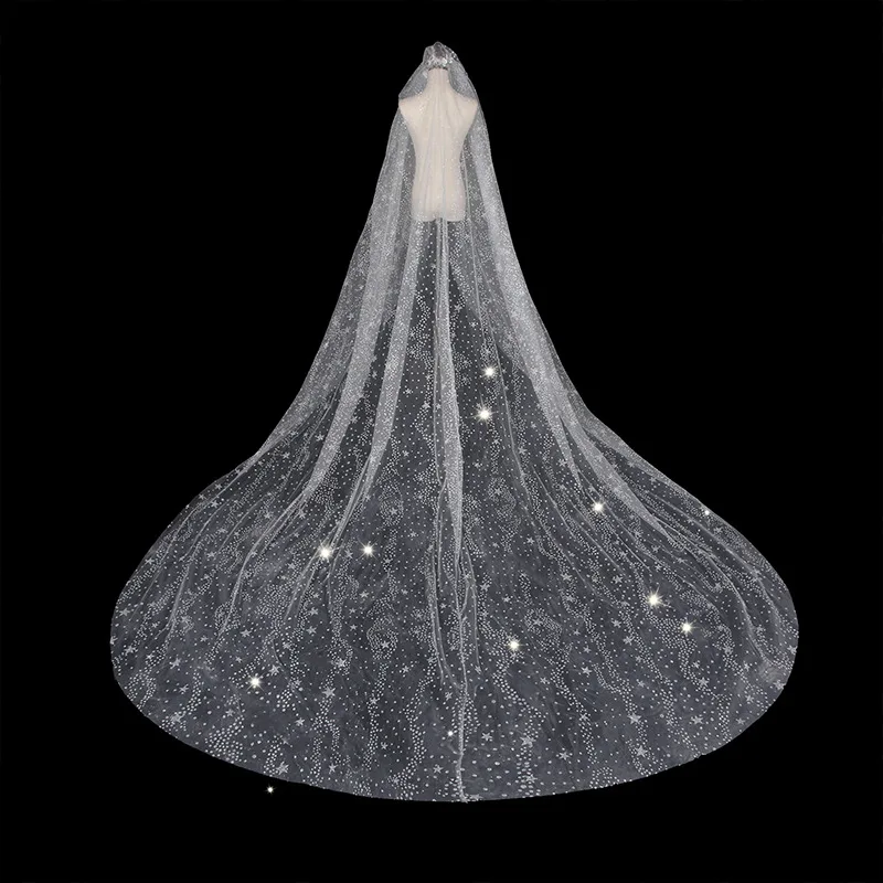 

White Splendid Star Bling Long Lace Bridal Wedding Veil 3.5m Length Veils Organza Wedding Accessories veil