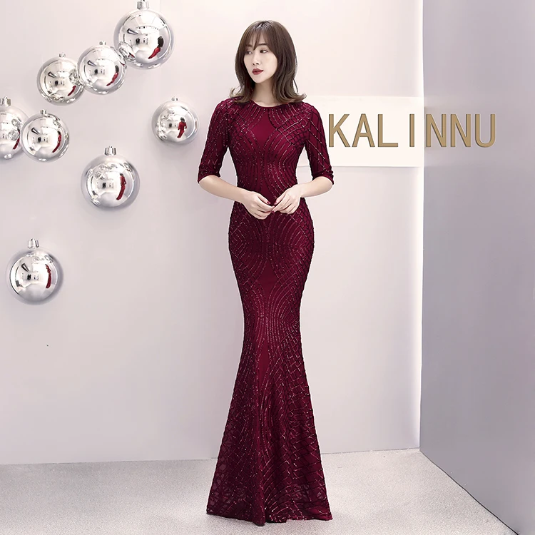 

16001#European and American Classical Fashion Long Sleeve Pearl Fillet Fishtail Evening Dress Banquet Dress bobtail; evening we