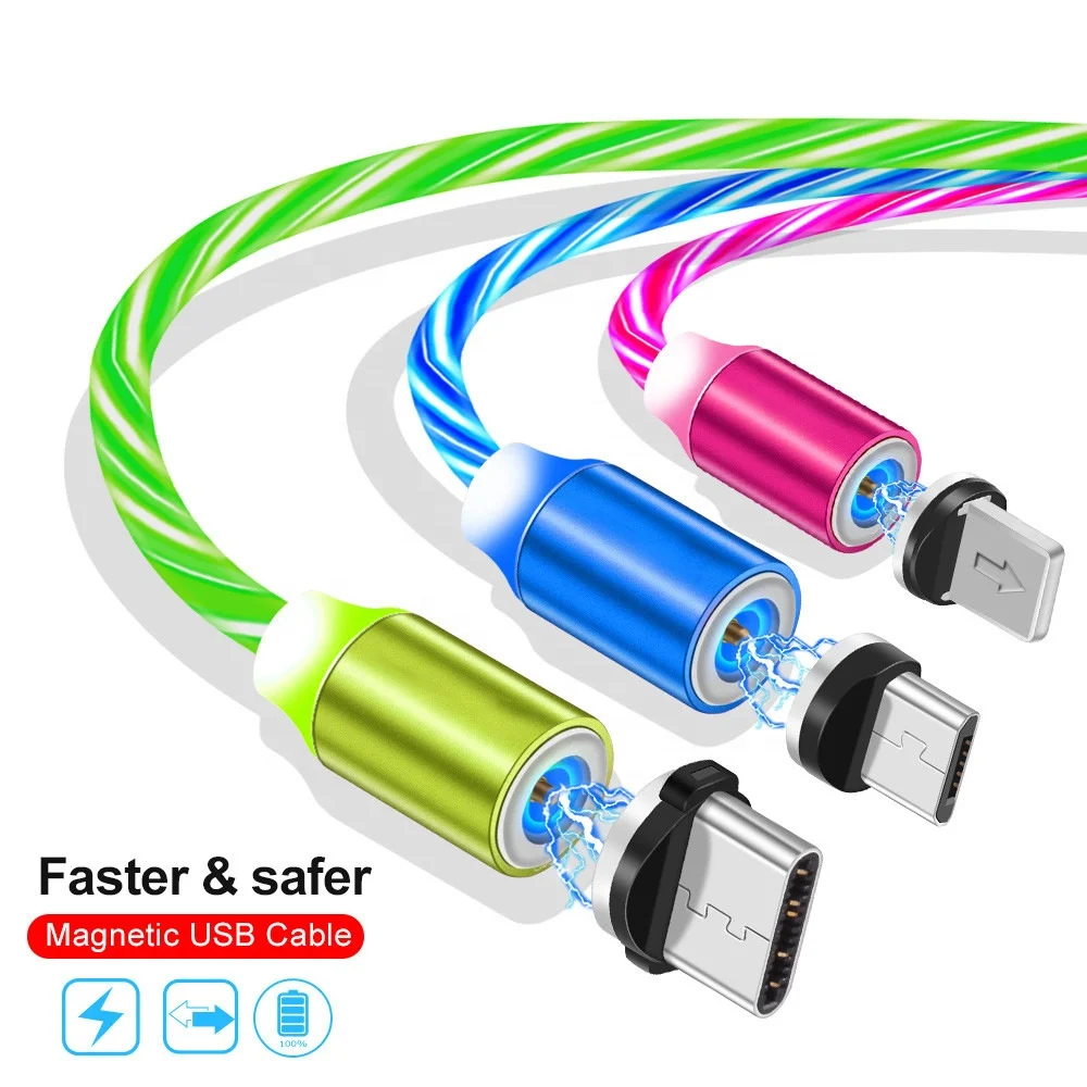 

2019 New Fast Charging EL Glowing LED Magnetic 3 in 1 USB Cable for iPhone Type C Android, Red, green, blue .white