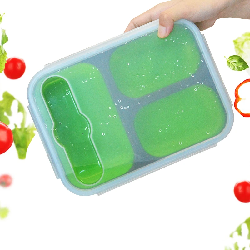 
BPA Free Food Grade Leakproof Silicone Collapsible 3 Compartment Bento Lunch Box Folding Silicone Food Container 