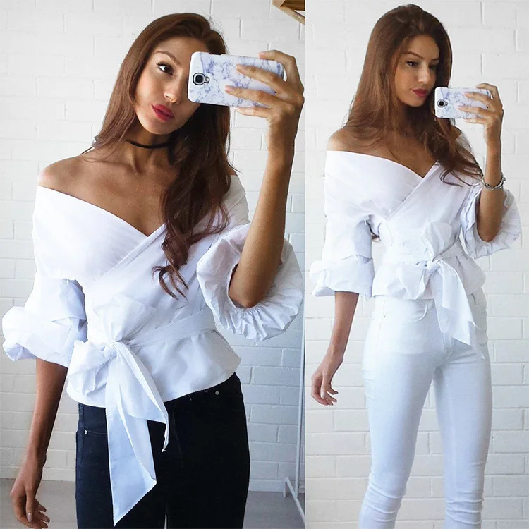 

Sexy Deep V Neck Cross Bandage Shirt 2019 Women Fashion Top Bubble Sleeve Ladies Clothing Blue White Blouses Red Tops, As show