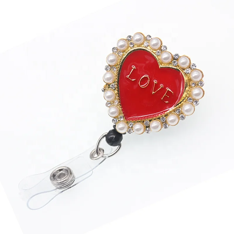 

Fancy Heart Pearl Enamel Badge Reel Love In Heart ID Badge Holder Reel For Valentine's Day Gift, As picture