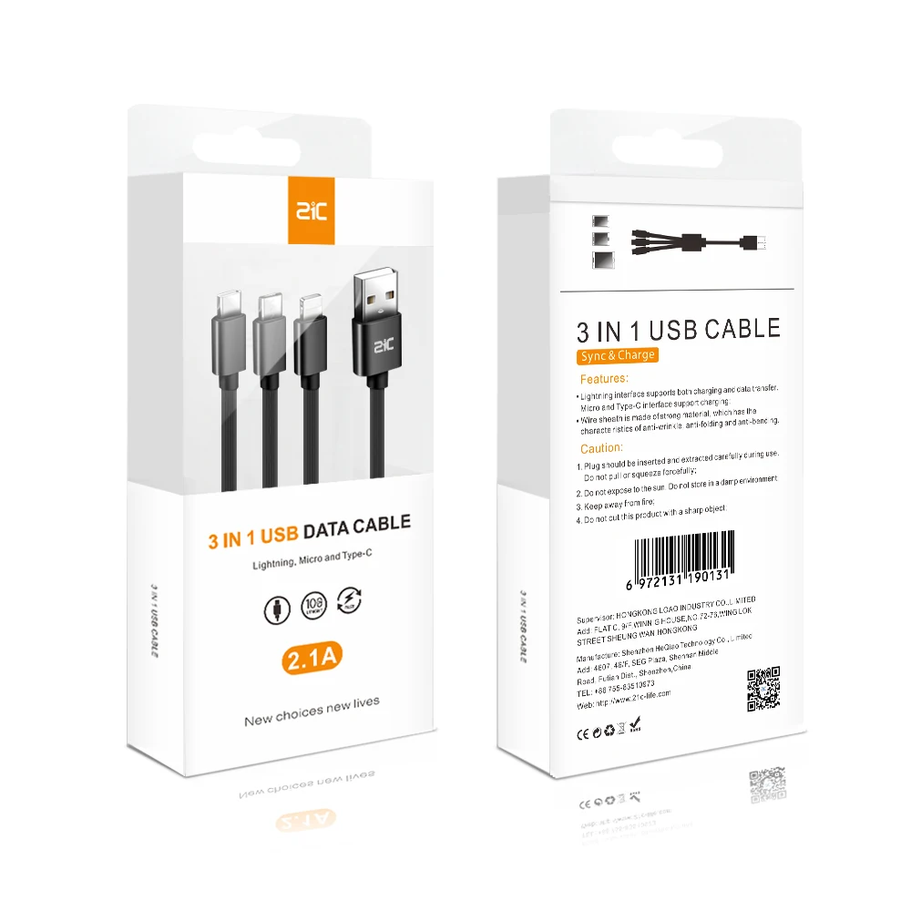 

21C TPE 3 in 1 USB cable 2.1A quick charge Micro Type-C USB cable for android for ios for Samsung for Apple for any smart phones