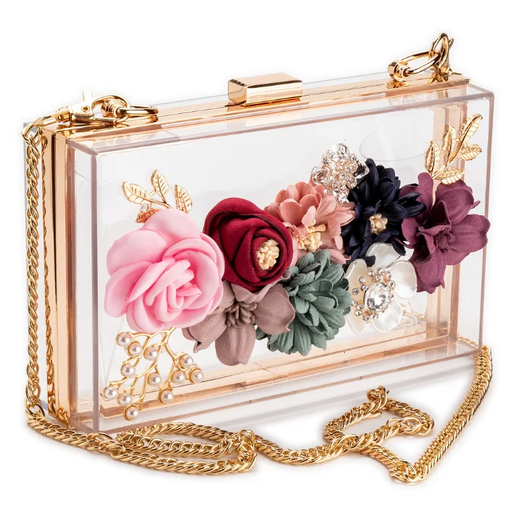 

2021 Transparent Flowers Pearl Beading Evening Crossbody Ladies Fashion Jelly Designer Luxury Purses and Handbags for Women, 4 colors