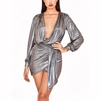 

Women casual dresses bodycon mini deep v neck sexy sliver dress