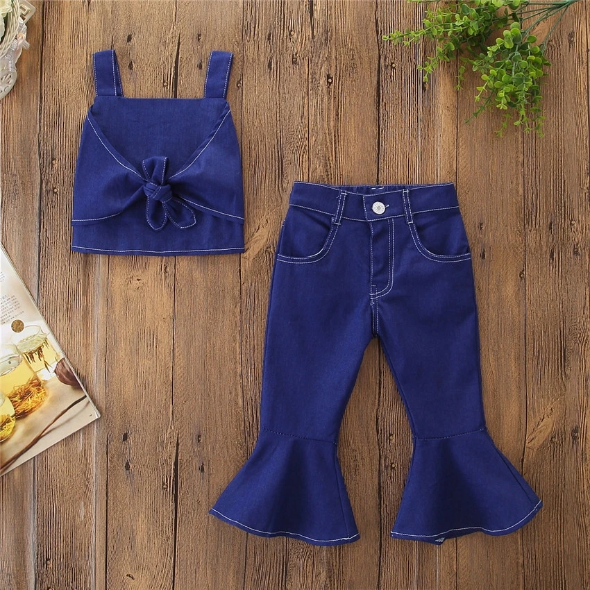 

Summer Fashion Toddler Kids Baby Girls Clothes set Sleeveless Sling Vest Crop Tops High Waist Flared Pants jeans 2Pcs outfits, As picture