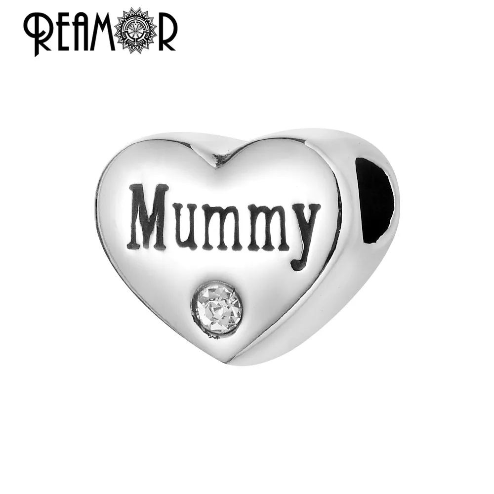 

Reamor On Sale High Polished 316l Stainless Steel Heart Beads Crystal Mummy Charms Beads For Bracelet Jewelry Making Mom Gift