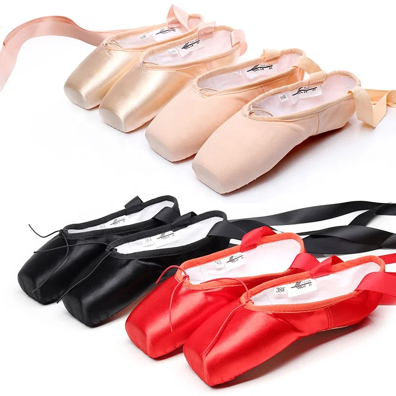 

Adult Women Retro Durable Beginners Practice Ballet Shoes With Ribbons Red Black Professional Dance Pointe Shoes For Girls