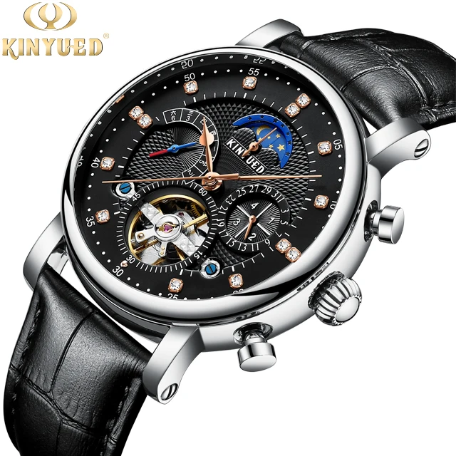 

KINYUED Men Automatic Wristwatch Skeleton Waterproof Mechanical Watches Moon Phase watch