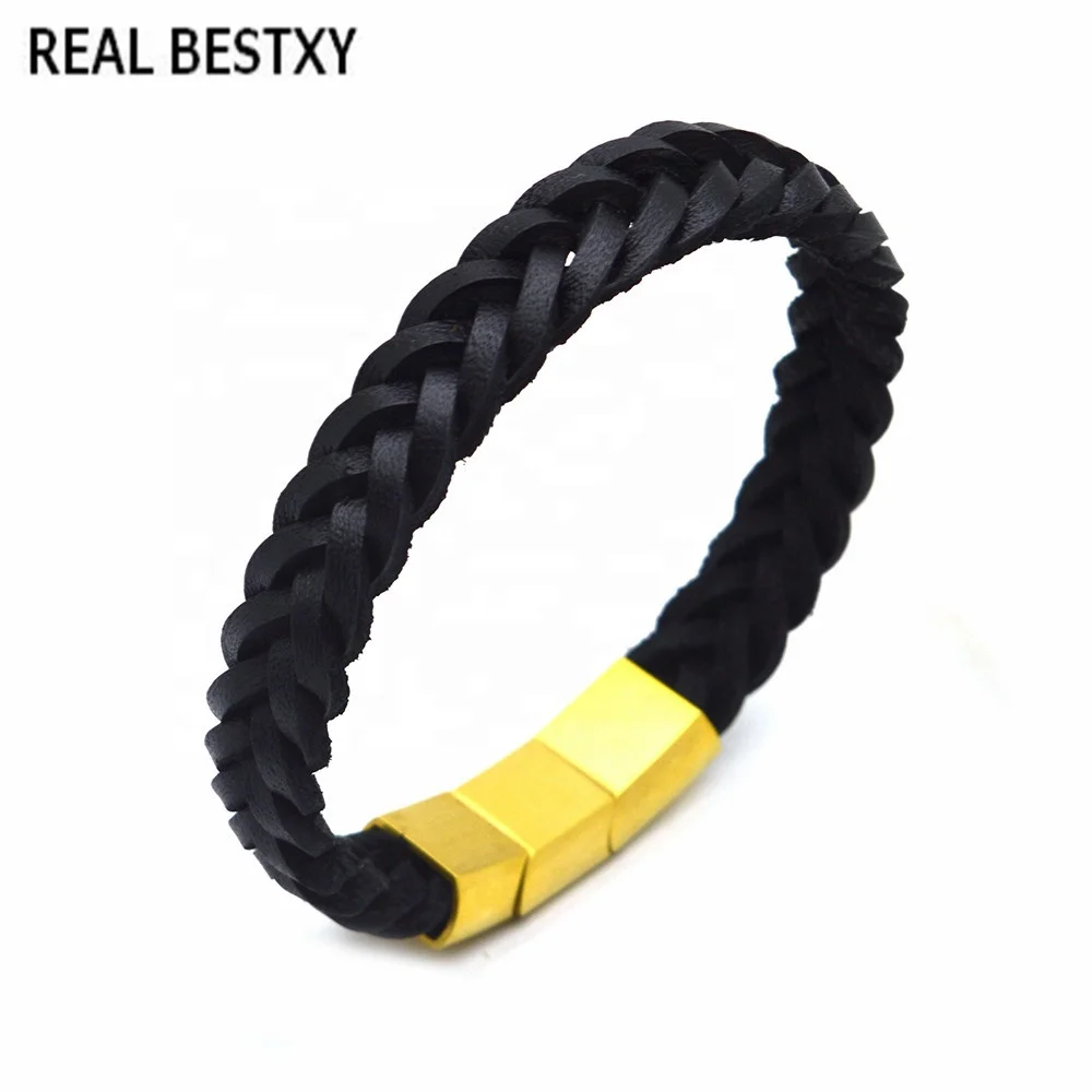 

REAL BESTXY engrave logo genuine cow leather bracelets with gold stainless steel magnetic clasps for wholesale bracelets men, As in picture or other colors customized