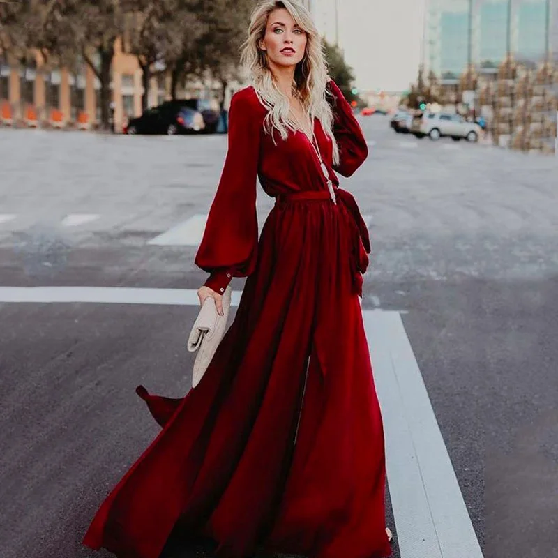

2019 new summer spring deep v-neck elegant women sexy maxi casual dresses