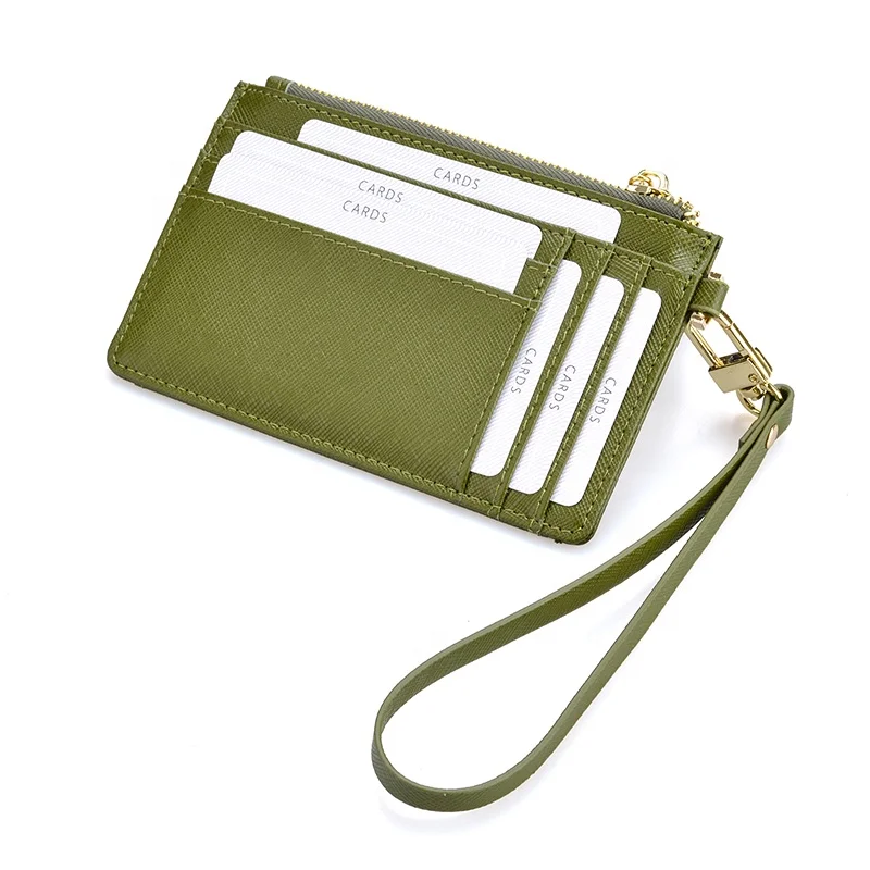 

Factory price green saffiano leather zipper coin women card holder with wrist strap
