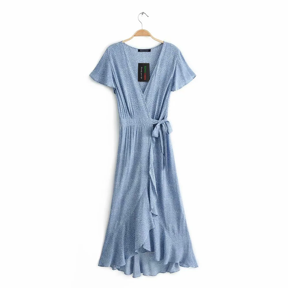 

V neck wrap style short sleeve summer women maxi long dress