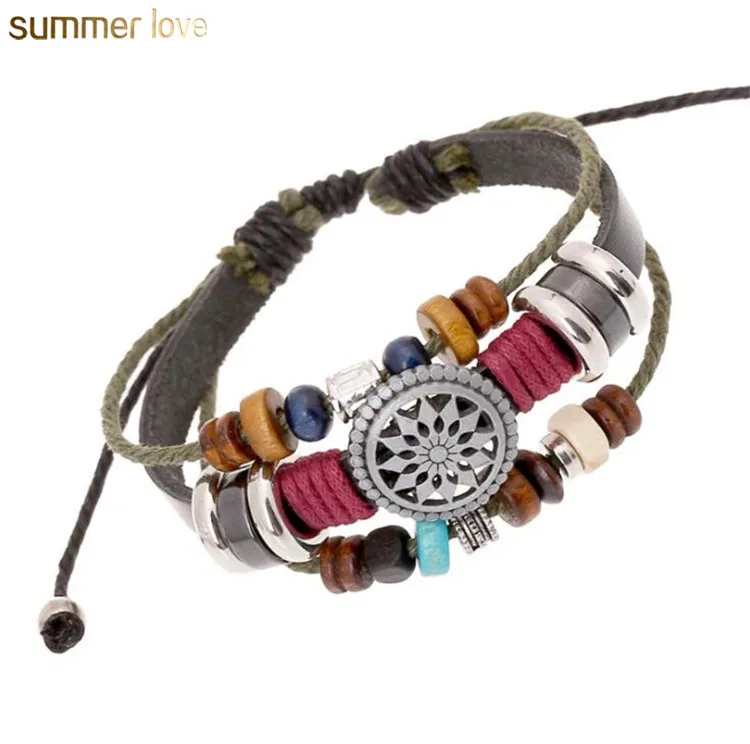 

Fashion Multilayer Beaded Sun Charms Braided Rope Bracelets Vintage Punk Wrap Wristband Leather Bracelet Men Women Jewelry, Colorful