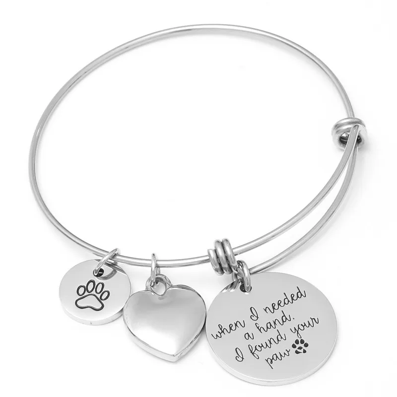 

Dog or Cat Pet Memorial Bracelet Adjustable Bangle Gift Initial Paw Print Memory Silver Expandable Charm Bracelet