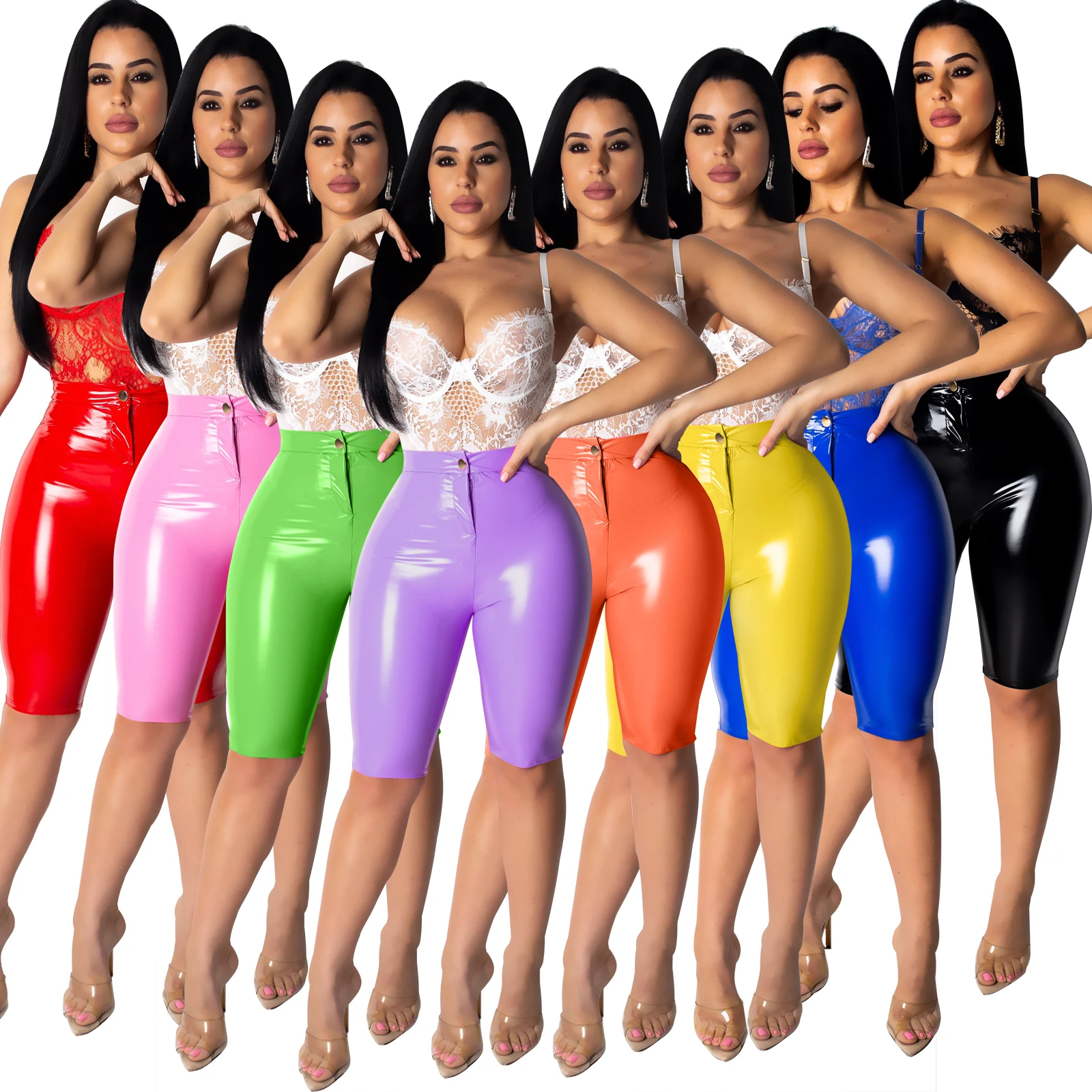 

8 colors clubwear faux PU leather spandex skinny shorts knee length pants