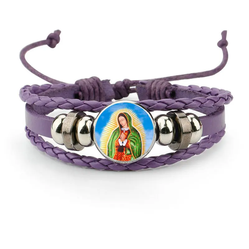 

Custom Picture Virgin Mary Charms Leather Bracelet Handmade Round Glass Jewelry Our Lady Of Guadalupe Christian Bracelet