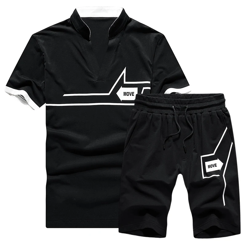 

Cheap Ready to ship Stand-up V-neck style summer men sport sets, 2 pcs set for men in stock wholesale, Blue, black,white