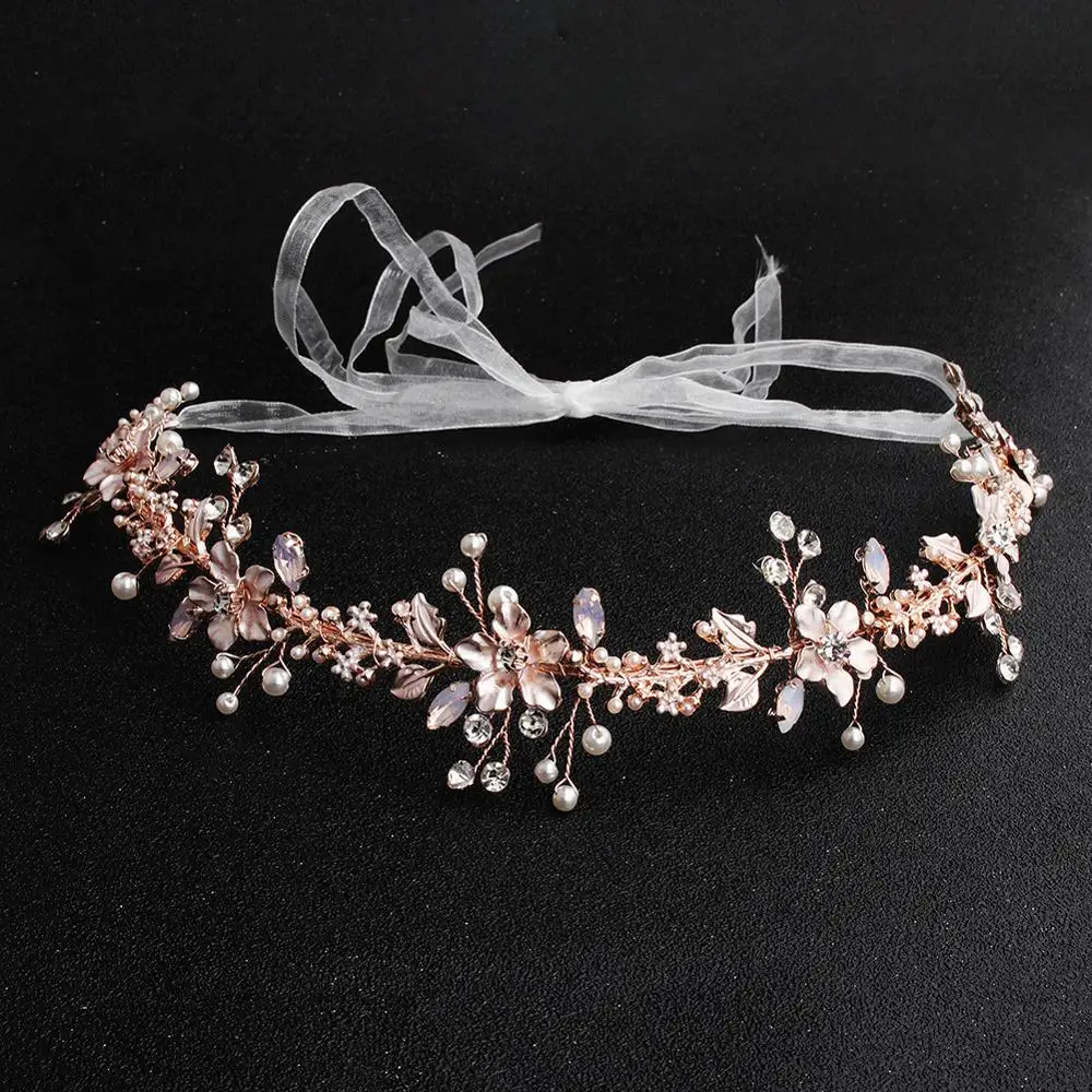 

New Rose gold flower headband pearl rhinestone bridal headpiece wedding party prom hair jewelry